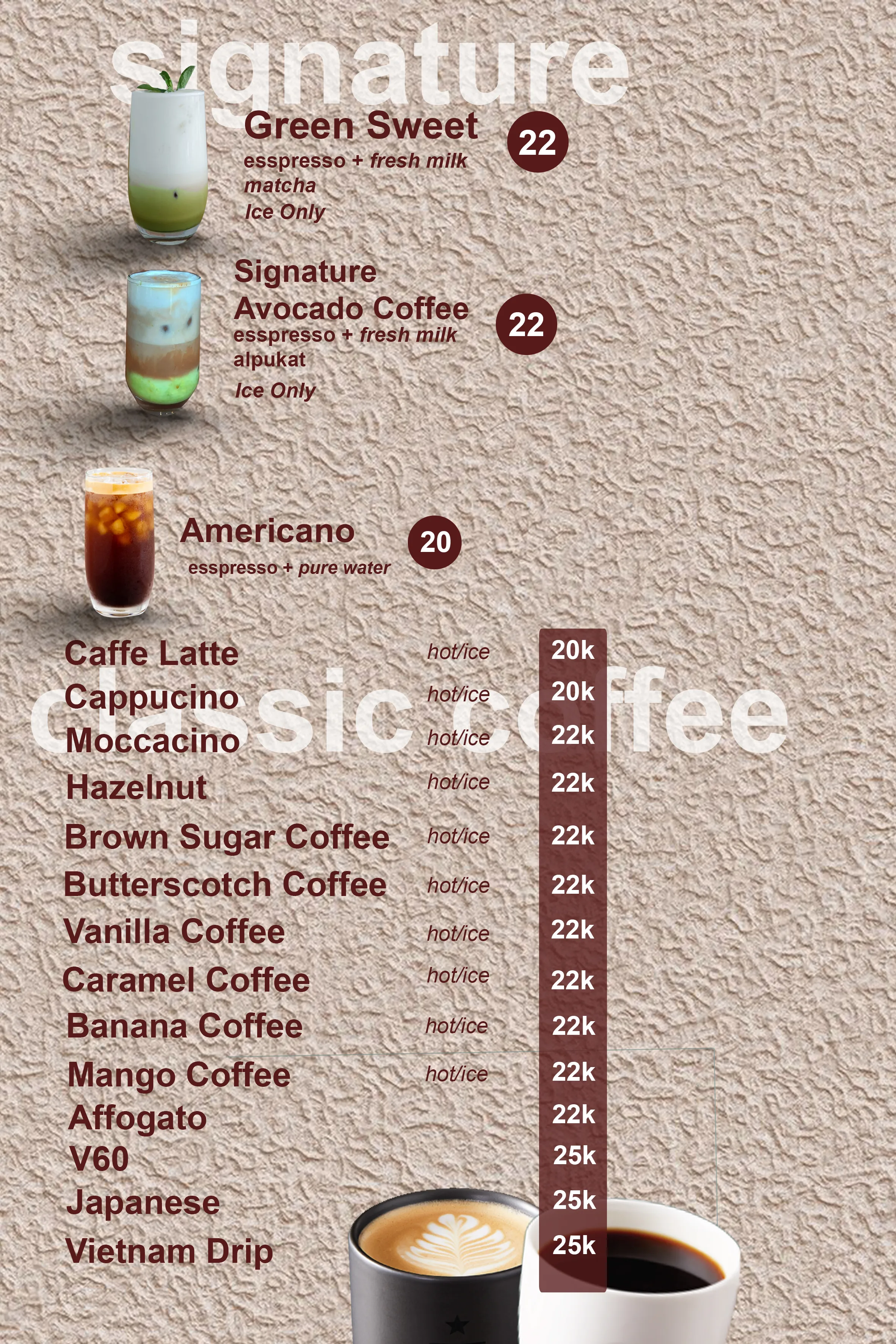 Coffee menu featuring signature and classic coffee drinks with images of iced and hot beverages