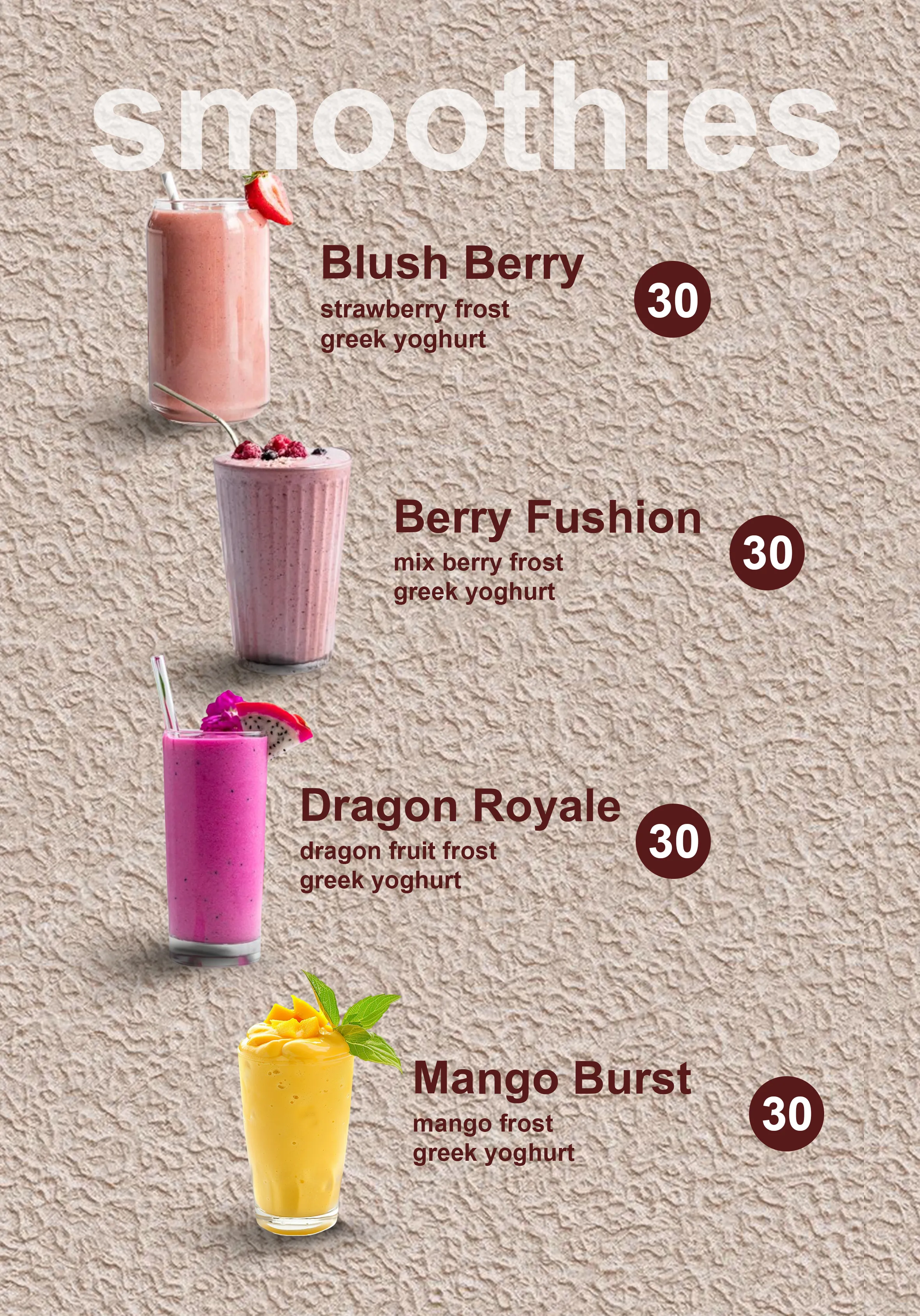 Four vibrant smoothie options with images and descriptions on textured background