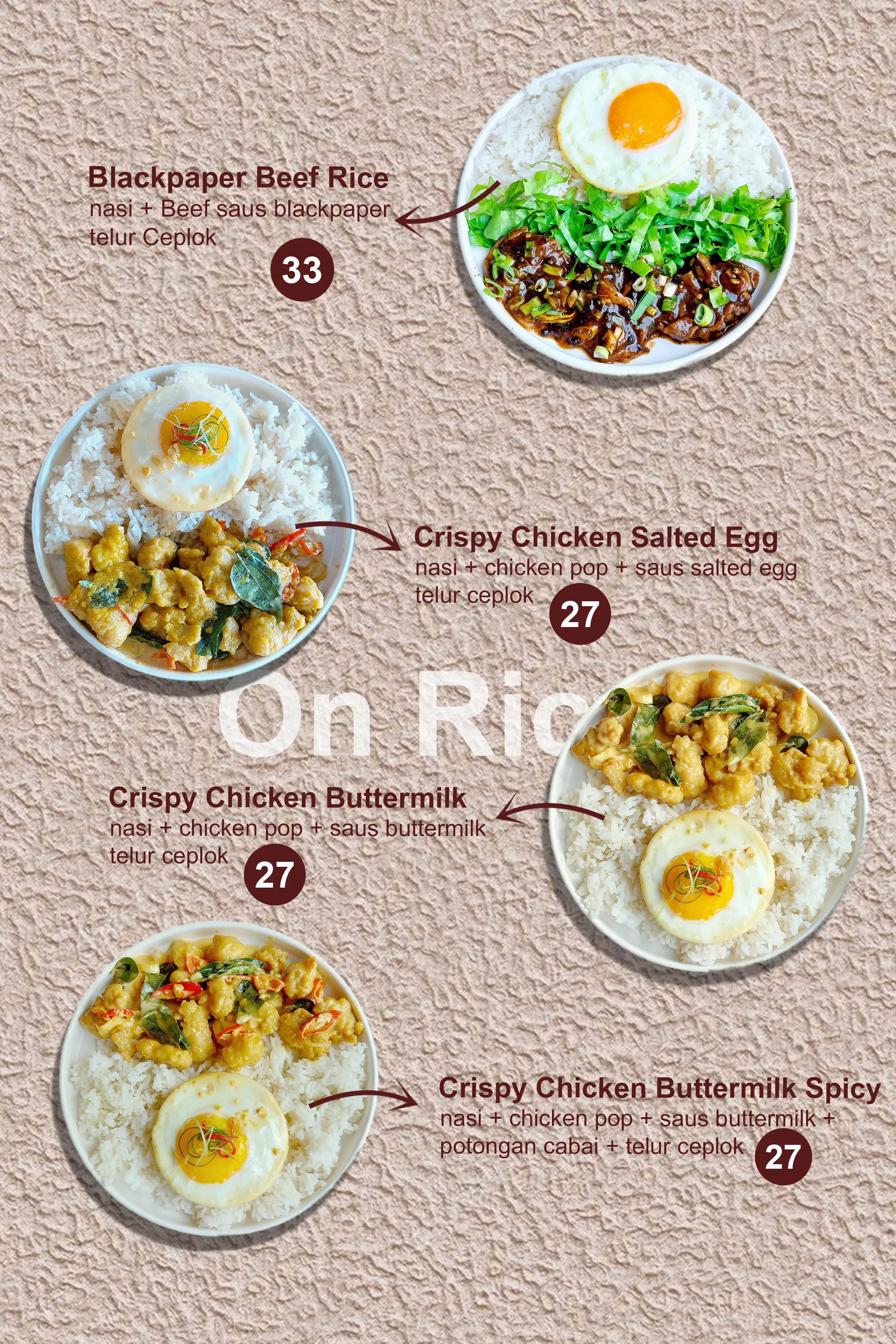Four plates of rice dishes with fried eggs and various toppings on textured beige background