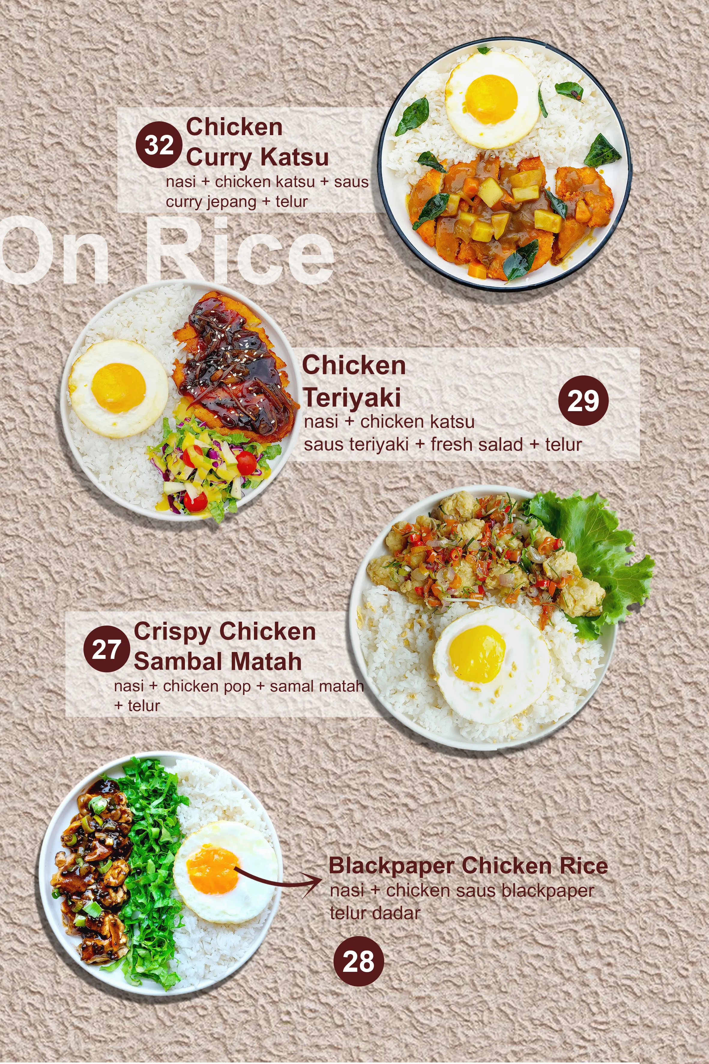 Four different chicken rice dishes with eggs and various sauces on textured beige background