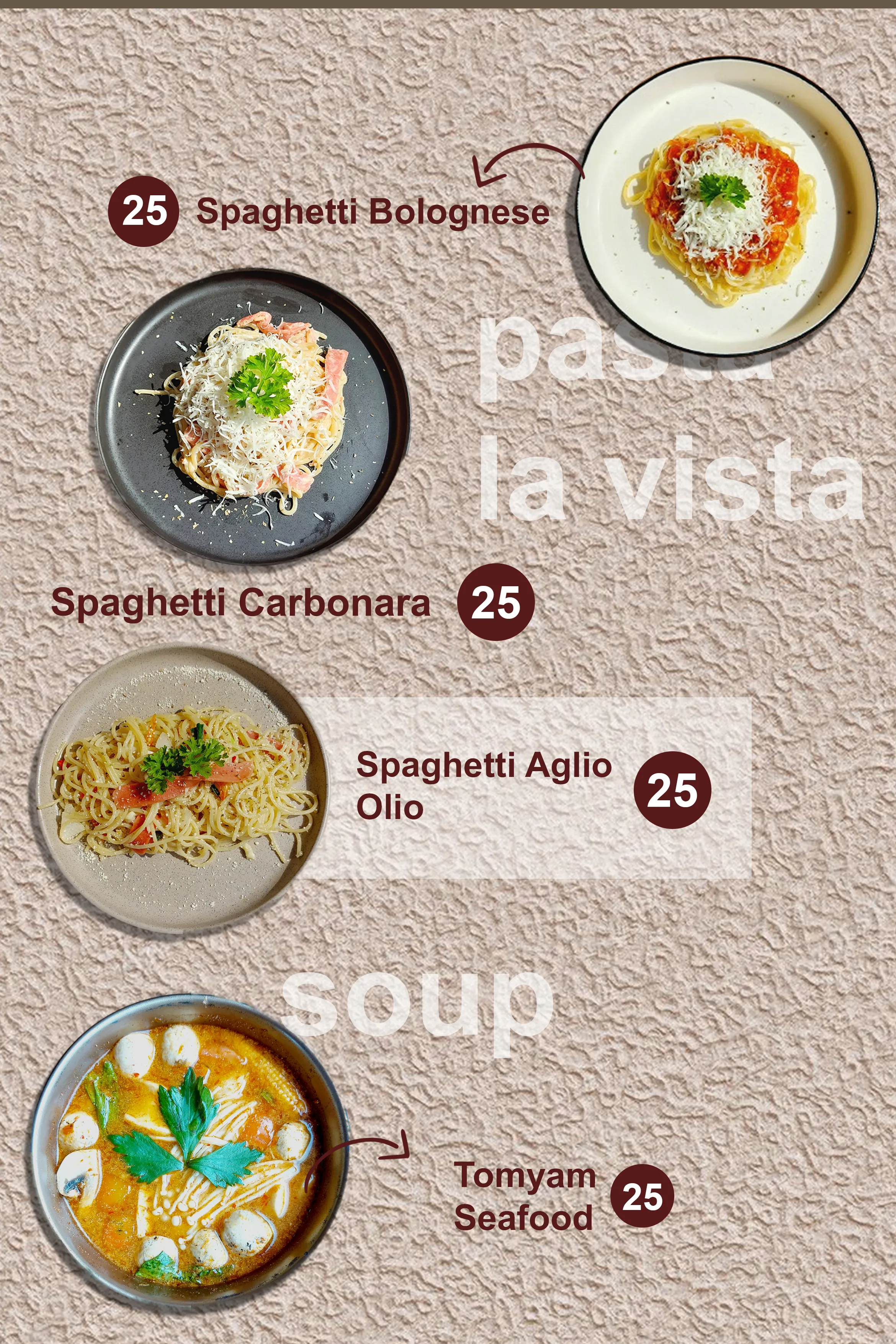 Four dishes of spaghetti and seafood soup displayed on textured beige background
